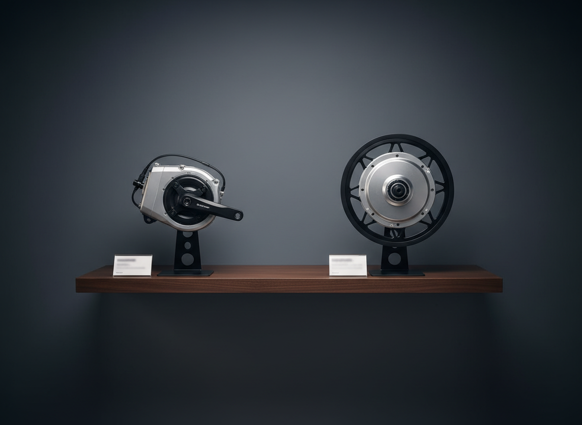 A refined side-by-side comparison of two electric bike drivetrains on a floating dark wood display shelf: on the left, a compact mid-drive motor with integrated crankset; on the right, a sleek hub motor paired with a cassette wheel. Each system is mounted on minimalist black stands with subtle labels beneath, blurred enough to avoid legibility. The backdrop is a deep slate wall with a soft vignette. Directional studio lighting from above and slightly to the right creates sculpted highlights on the metal casings and gears, with soft, controlled shadows. Photographic realism, shot straight-on with sharp focus and a balanced, symmetrical composition. The mood is educational yet elegant, emphasizing premium technology and informed e-bike advice.