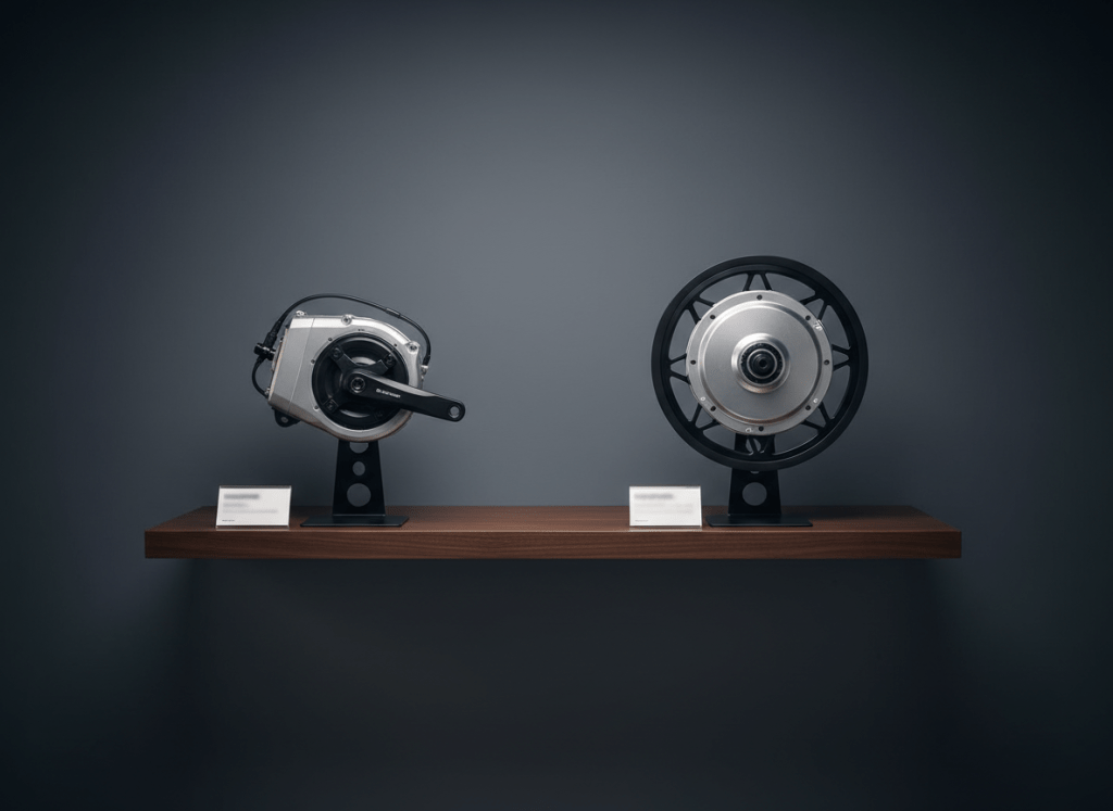 A refined side-by-side comparison of two electric bike drivetrains on a floating dark wood display shelf: on the left, a compact mid-drive motor with integrated crankset; on the right, a sleek hub motor paired with a cassette wheel. Each system is mounted on minimalist black stands with subtle labels beneath, blurred enough to avoid legibility. The backdrop is a deep slate wall with a soft vignette. Directional studio lighting from above and slightly to the right creates sculpted highlights on the metal casings and gears, with soft, controlled shadows. Photographic realism, shot straight-on with sharp focus and a balanced, symmetrical composition. The mood is educational yet elegant, emphasizing premium technology and informed e-bike advice.