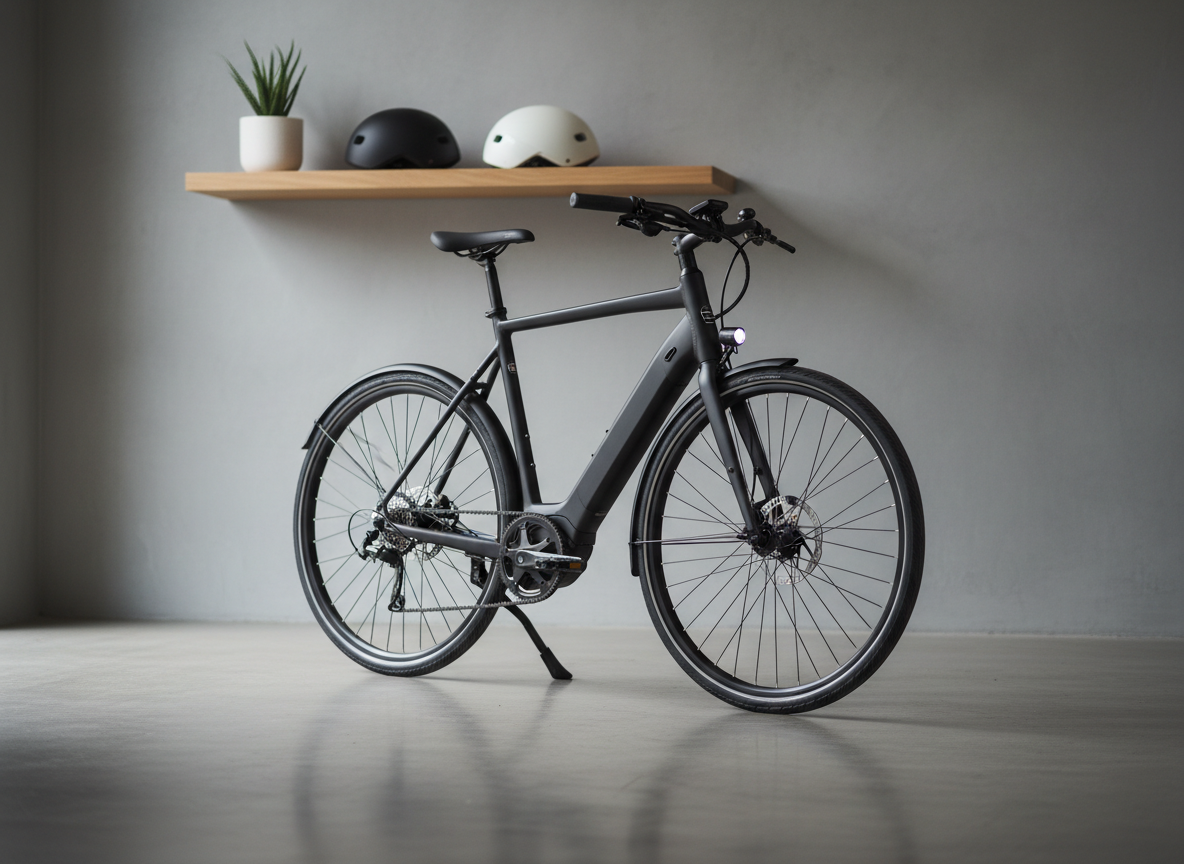 A premium matte-black electric commuter bike with a slender, integrated battery in the downtube and discreet internal cabling, resting on a smooth concrete floor of a minimalist showroom. Behind it, a wall of soft gray with a subtle texture and a single floating oak shelf displaying two sculptural bike helmets and a small potted plant. Soft, diffused daylight enters from an unseen window to the left, creating gentle highlights along the frame’s edges and a refined shadow on the floor. Photographic realism, shot at eye level with a slight three-quarter angle, shallow depth of field, and a calm, sophisticated atmosphere suited to a high-end e-bike brand homepage hero image.