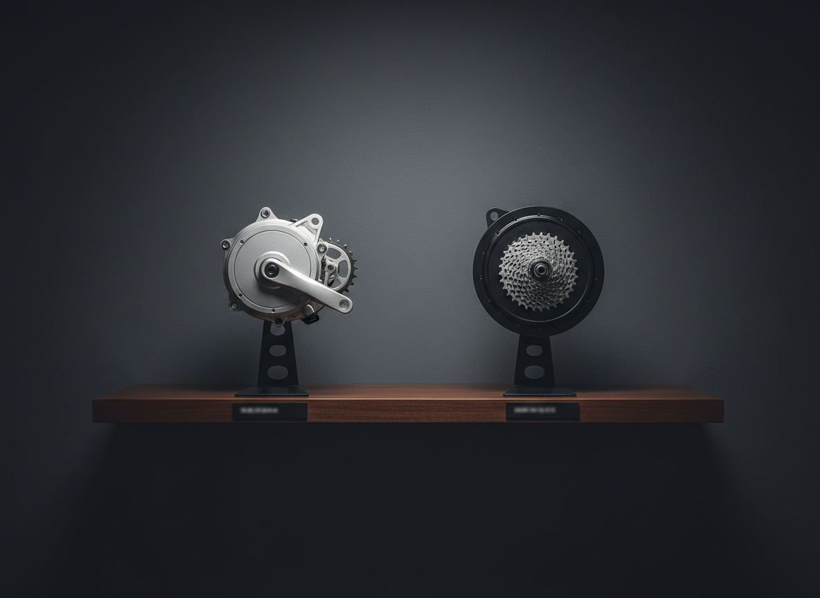 A refined side-by-side comparison of two electric bike drivetrains on a floating dark wood display shelf: on the left, a compact mid-drive motor with integrated crankset; on the right, a sleek hub motor paired with a cassette wheel. Each system is mounted on minimalist black stands with subtle labels beneath, blurred enough to avoid legibility. The backdrop is a deep slate wall with a soft vignette. Directional studio lighting from above and slightly to the right creates sculpted highlights on the metal casings and gears, with soft, controlled shadows. Photographic realism, shot straight-on with sharp focus and a balanced, symmetrical composition. The mood is educational yet elegant, emphasizing premium technology and informed e-bike advice.