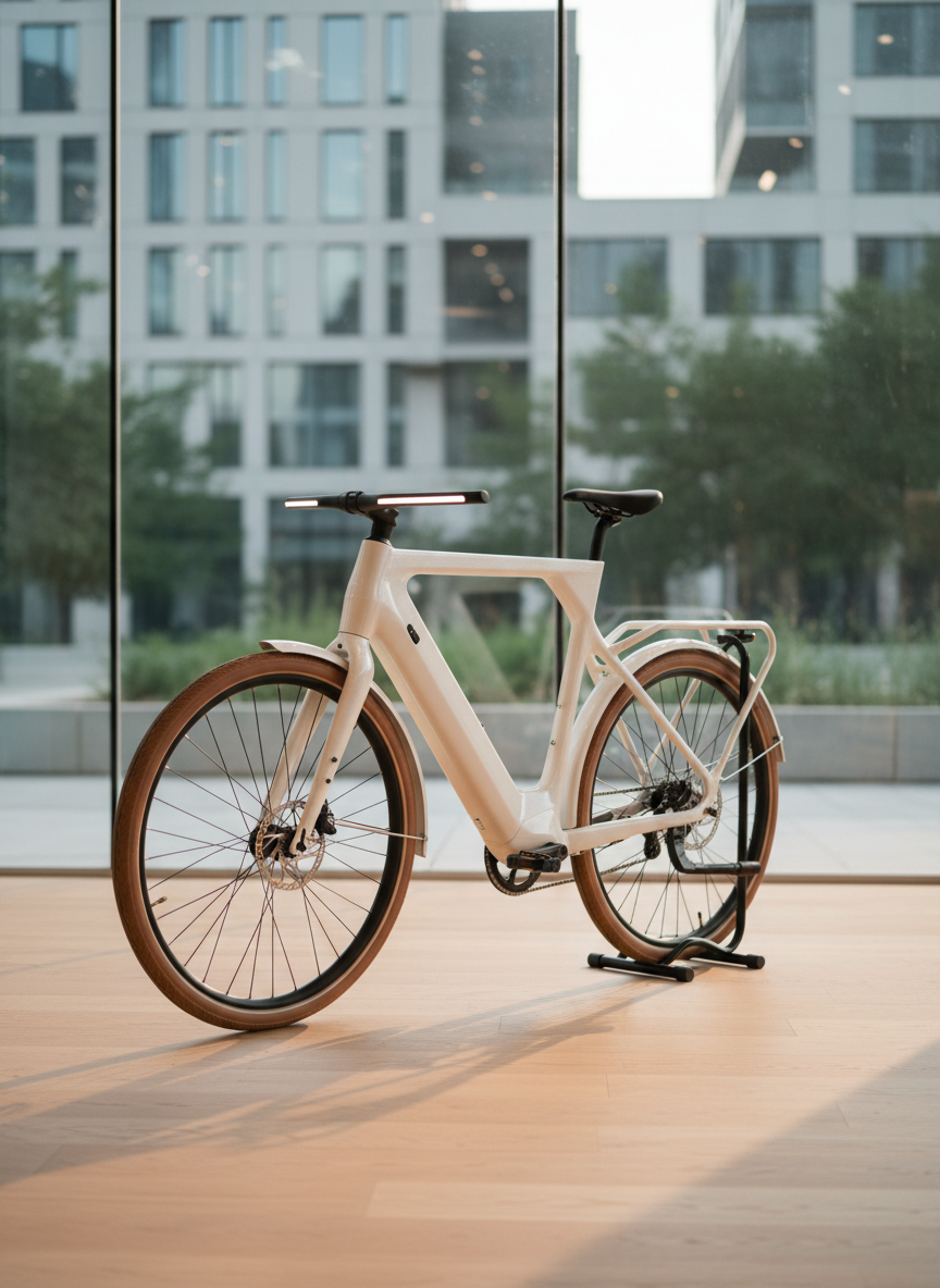 A sleek step-through electric city bike in pearl white with subtle metallic flake, integrated rear rack, and tan sidewall tires, leaning on a minimalist black bike stand beside a large glass storefront. Outside the glass, modern architecture and soft greenery are elegantly blurred, creating an urban yet tranquil backdrop. Late afternoon natural light spills in, casting elongated, soft-edged shadows across a light oak floor and adding a gentle glow to the bike’s contours. Photographic realism, shot from a slightly elevated angle to showcase the frame geometry and integrated lights. The atmosphere is welcoming and aspirational, ideal for conveying everyday premium urban mobility and local lifestyle convenience.