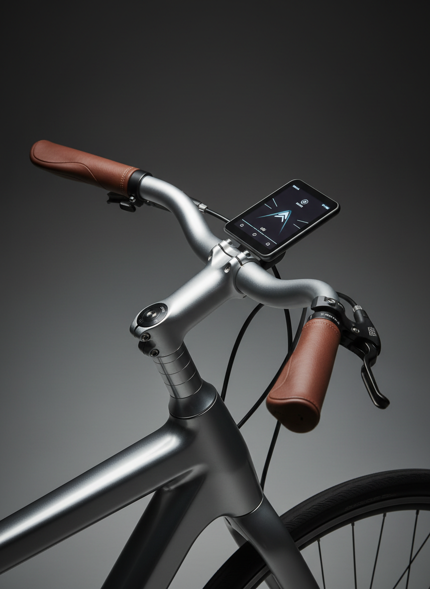 A close-up, three-quarter view of a high-end urban electric bike handlebar and cockpit, featuring a brushed aluminum stem, leather-textured ergonomic grips in deep cognac brown, and a slim, high-resolution display seamlessly integrated into the bar. The bike rests in a refined studio setting with a charcoal gradient backdrop. Soft studio lighting from above and slightly behind creates delicate reflections on the metal hardware and a lustrous sheen on the grips. The photographic composition uses a tight crop with shallow depth of field, placing the display on the rule of thirds. The mood is precise, tech-forward, and luxurious, highlighting craftsmanship and advanced control features for a sophisticated e-bike audience.