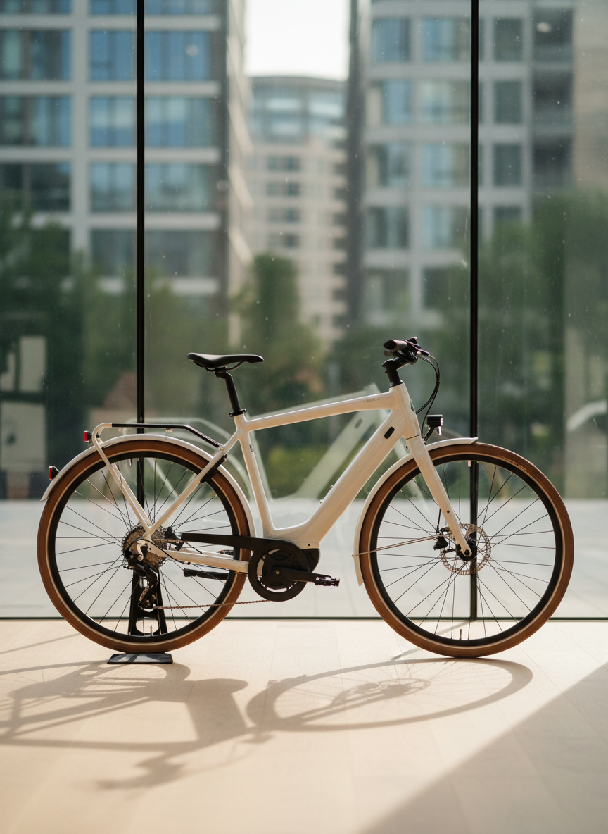 A sleek step-through electric city bike in pearl white with subtle metallic flake, integrated rear rack, and tan sidewall tires, leaning on a minimalist black bike stand beside a large glass storefront. Outside the glass, modern architecture and soft greenery are elegantly blurred, creating an urban yet tranquil backdrop. Late afternoon natural light spills in, casting elongated, soft-edged shadows across a light oak floor and adding a gentle glow to the bike’s contours. Photographic realism, shot from a slightly elevated angle to showcase the frame geometry and integrated lights. The atmosphere is welcoming and aspirational, ideal for conveying everyday premium urban mobility and local lifestyle convenience.