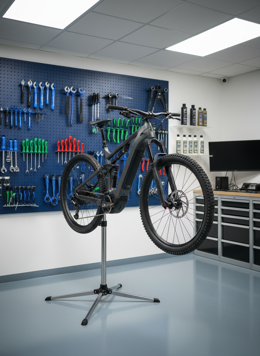 A meticulously organized premium e-bike service bay, centered on a matte dark-gray electric trail bike mounted on a professional work stand. The bike’s suspension, motor housing, and drivetrain are in crisp focus, with neatly arranged high-end tools on a pegboard wall behind, each outlined and color-coordinated. The floor is pristine epoxy in a cool gray tone. Overhead LED panel lighting provides even, shadow-free illumination, highlighting clean lines and metallic surfaces without harsh glare. Photographic realism, captured at eye level with a moderate depth of field so the bike and tools are sharp while the corners fall gently out of focus. The mood is precise, trustworthy, and quietly high-tech, underscoring expert, detail-oriented local service.