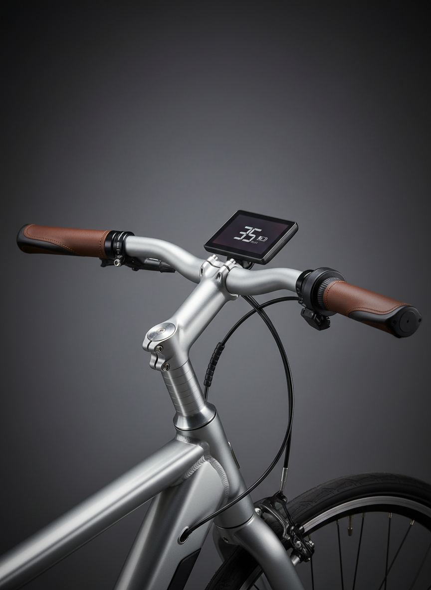 A close-up, three-quarter view of a high-end urban electric bike handlebar and cockpit, featuring a brushed aluminum stem, leather-textured ergonomic grips in deep cognac brown, and a slim, high-resolution display seamlessly integrated into the bar. The bike rests in a refined studio setting with a charcoal gradient backdrop. Soft studio lighting from above and slightly behind creates delicate reflections on the metal hardware and a lustrous sheen on the grips. The photographic composition uses a tight crop with shallow depth of field, placing the display on the rule of thirds. The mood is precise, tech-forward, and luxurious, highlighting craftsmanship and advanced control features for a sophisticated e-bike audience.