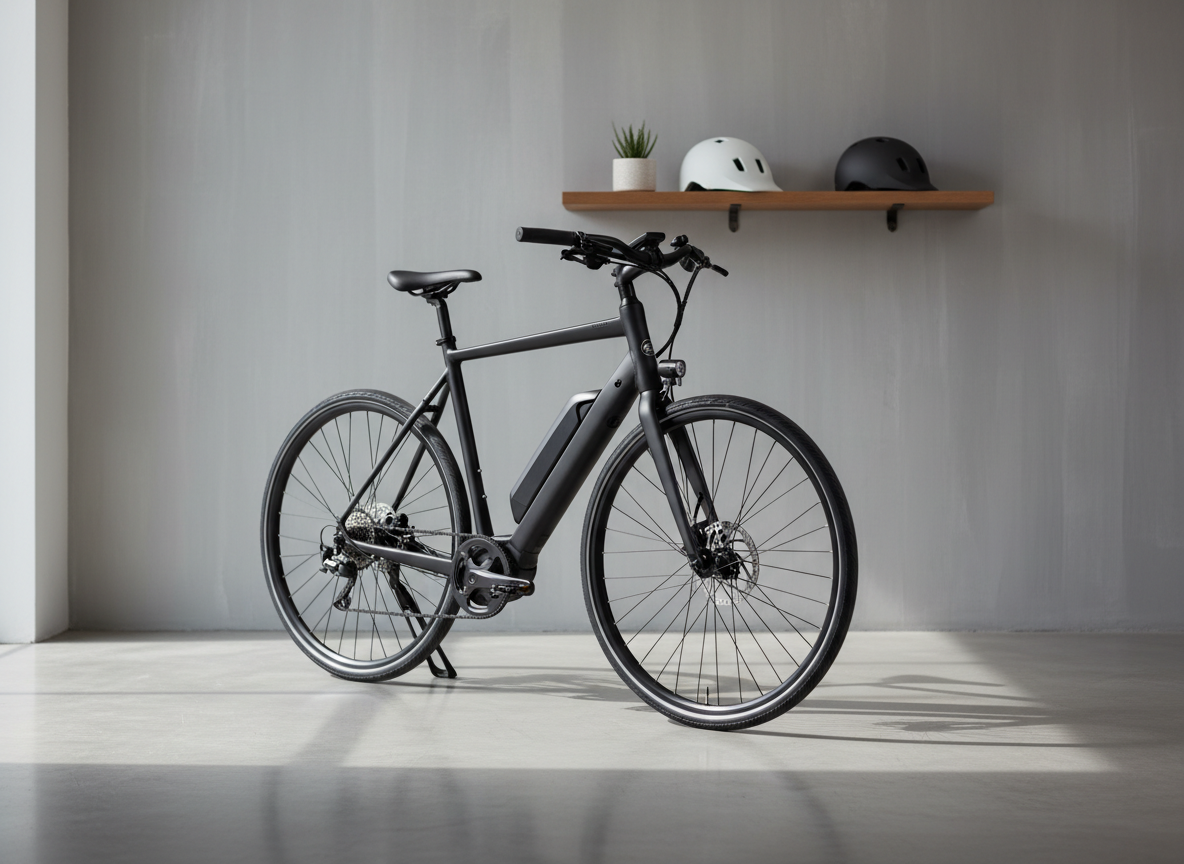 A premium matte-black electric commuter bike with a slender, integrated battery in the downtube and discreet internal cabling, resting on a smooth concrete floor of a minimalist showroom. Behind it, a wall of soft gray with a subtle texture and a single floating oak shelf displaying two sculptural bike helmets and a small potted plant. Soft, diffused daylight enters from an unseen window to the left, creating gentle highlights along the frame’s edges and a refined shadow on the floor. Photographic realism, shot at eye level with a slight three-quarter angle, shallow depth of field, and a calm, sophisticated atmosphere suited to a high-end e-bike brand homepage hero image.