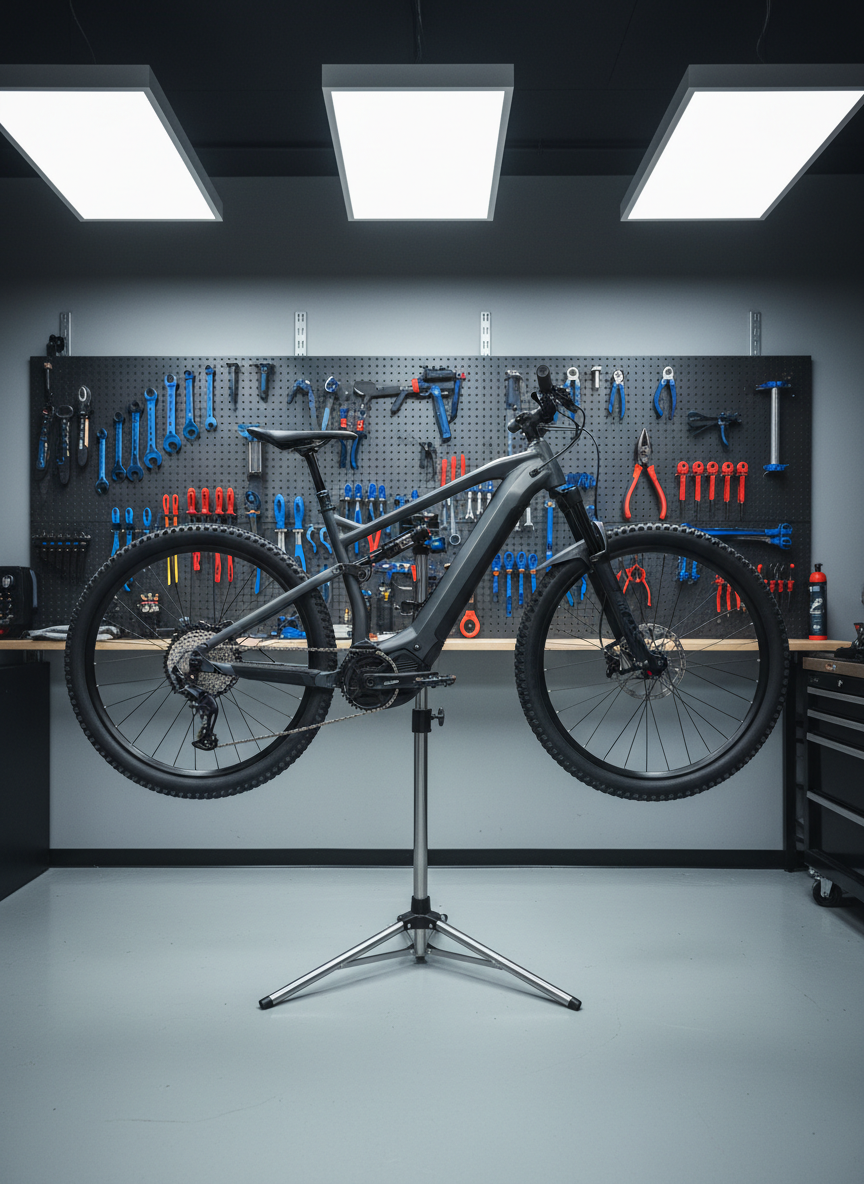 A meticulously organized premium e-bike service bay, centered on a matte dark-gray electric trail bike mounted on a professional work stand. The bike’s suspension, motor housing, and drivetrain are in crisp focus, with neatly arranged high-end tools on a pegboard wall behind, each outlined and color-coordinated. The floor is pristine epoxy in a cool gray tone. Overhead LED panel lighting provides even, shadow-free illumination, highlighting clean lines and metallic surfaces without harsh glare. Photographic realism, captured at eye level with a moderate depth of field so the bike and tools are sharp while the corners fall gently out of focus. The mood is precise, trustworthy, and quietly high-tech, underscoring expert, detail-oriented local service.