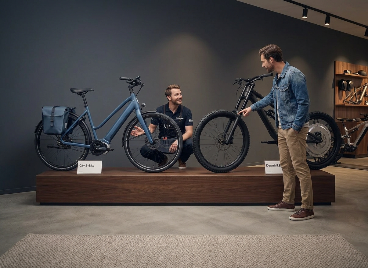 A refined side-by-side comparison of two electric bike drivetrains on a floating dark wood display shelf: on the left, a compact mid-drive motor with integrated crankset; on the right, a sleek hub motor paired with a cassette wheel. Each system is mounted on minimalist black stands with subtle labels beneath, blurred enough to avoid legibility. The backdrop is a deep slate wall with a soft vignette. Directional studio lighting from above and slightly to the right creates sculpted highlights on the metal casings and gears, with soft, controlled shadows. Photographic realism, shot straight-on with sharp focus and a balanced, symmetrical composition. The mood is educational yet elegant, emphasizing premium technology and informed e-bike advice.